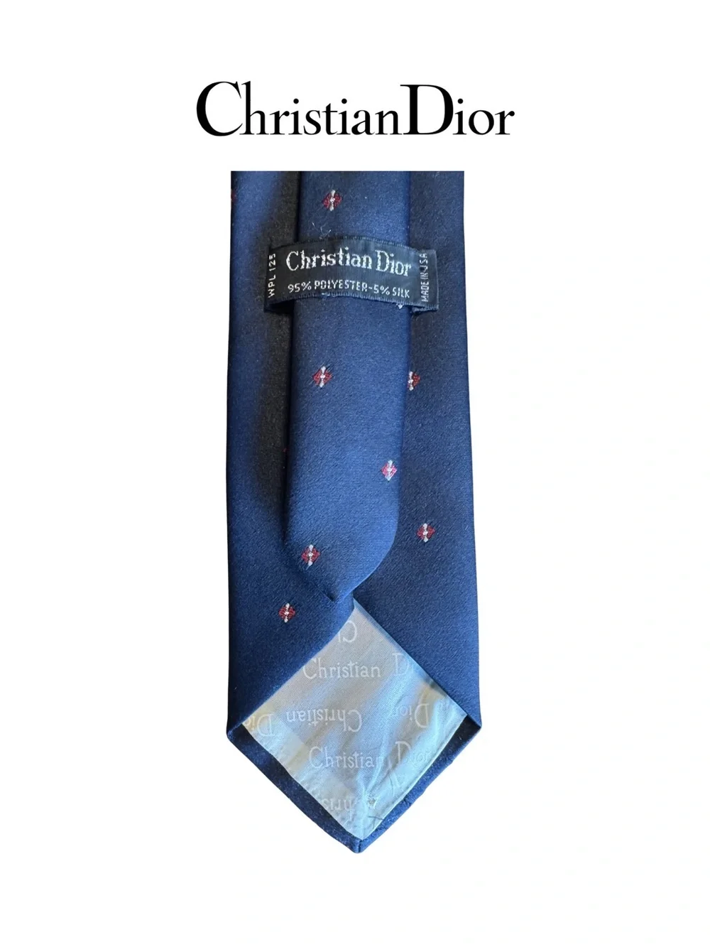 Vintage Christian Dior Navy Blue Logo Dot Silk Blend Neck Tie Designer Monogram